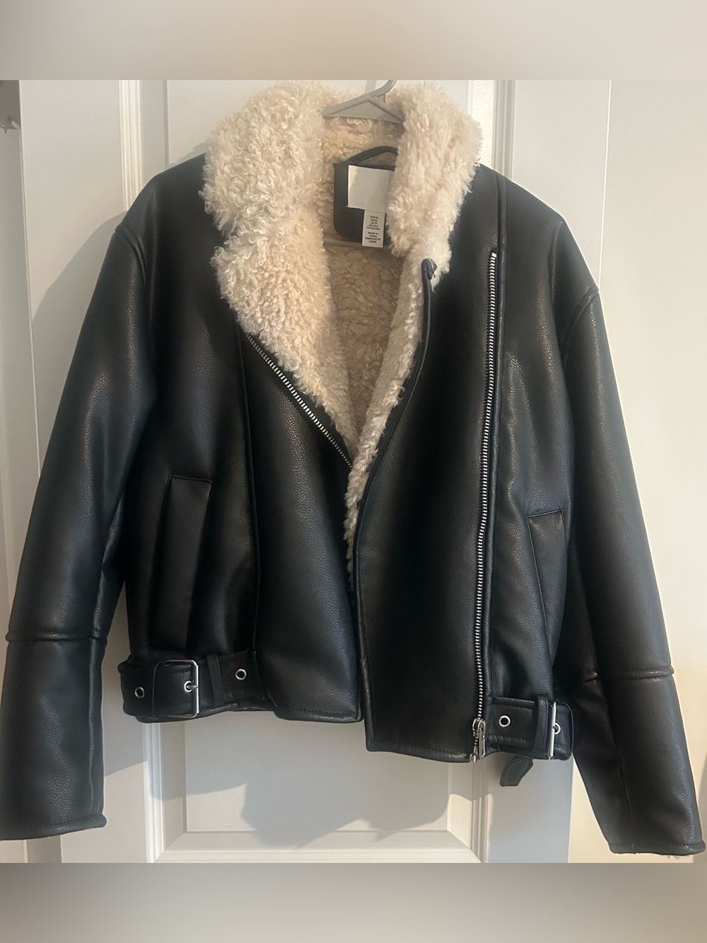 Black Faux Leather Shearling Moto Jacket - Women